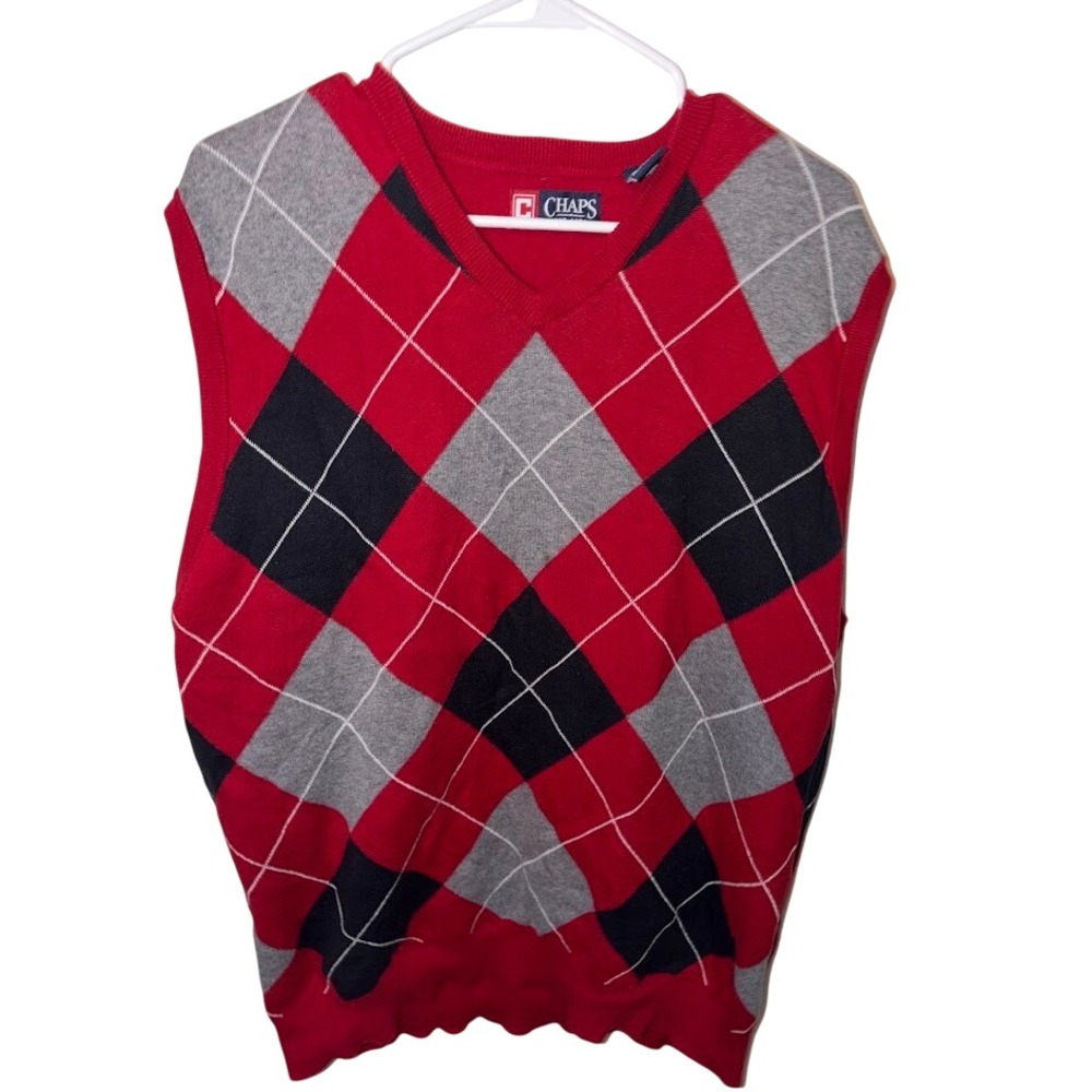 Chaps Mens XL Red Argyle V-Neck 100% Cotton Knit Sweater Vest Preppy Classic
